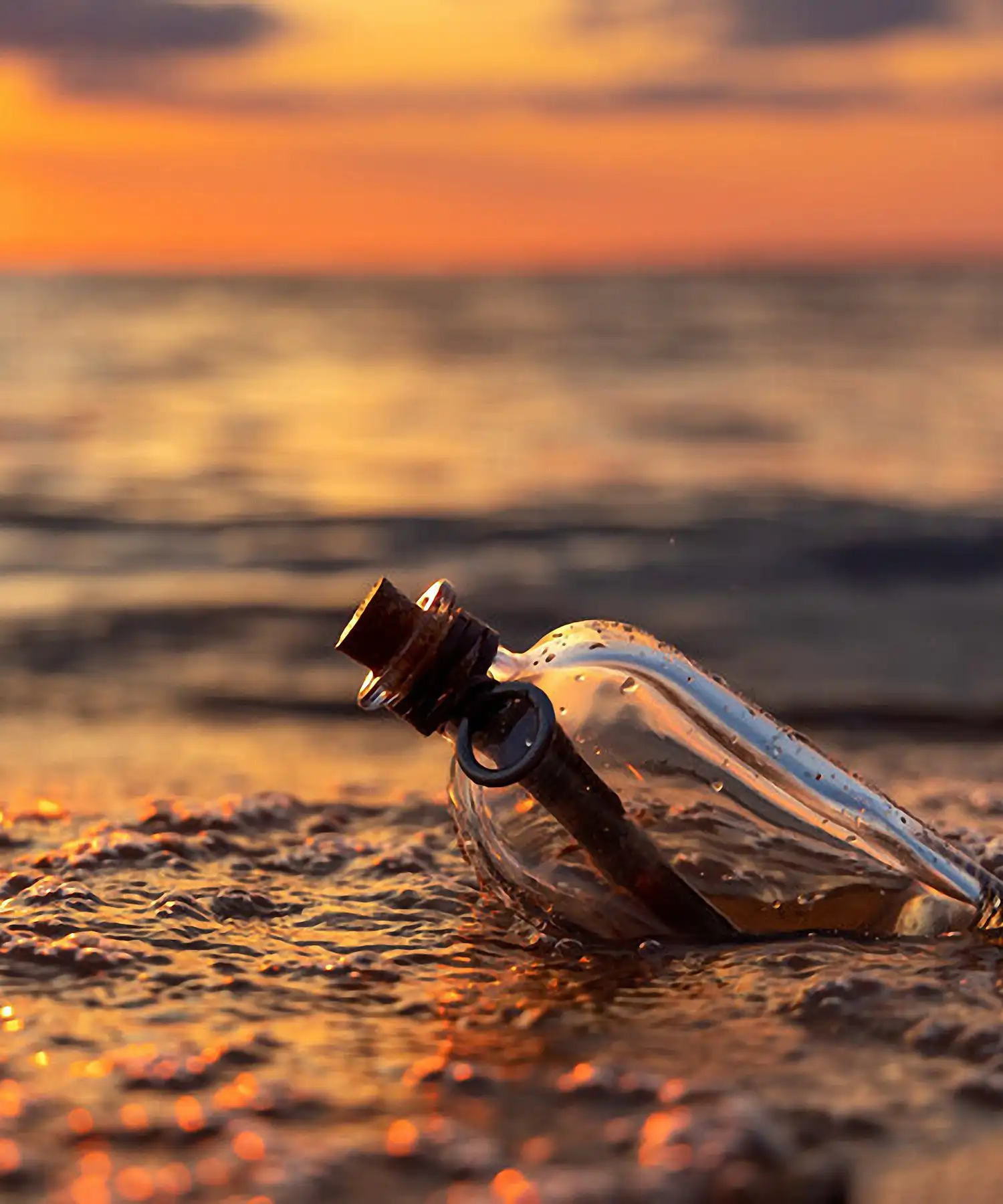 Sunset with message in a bottle washing ashore in Simmons Bayou, desktop view